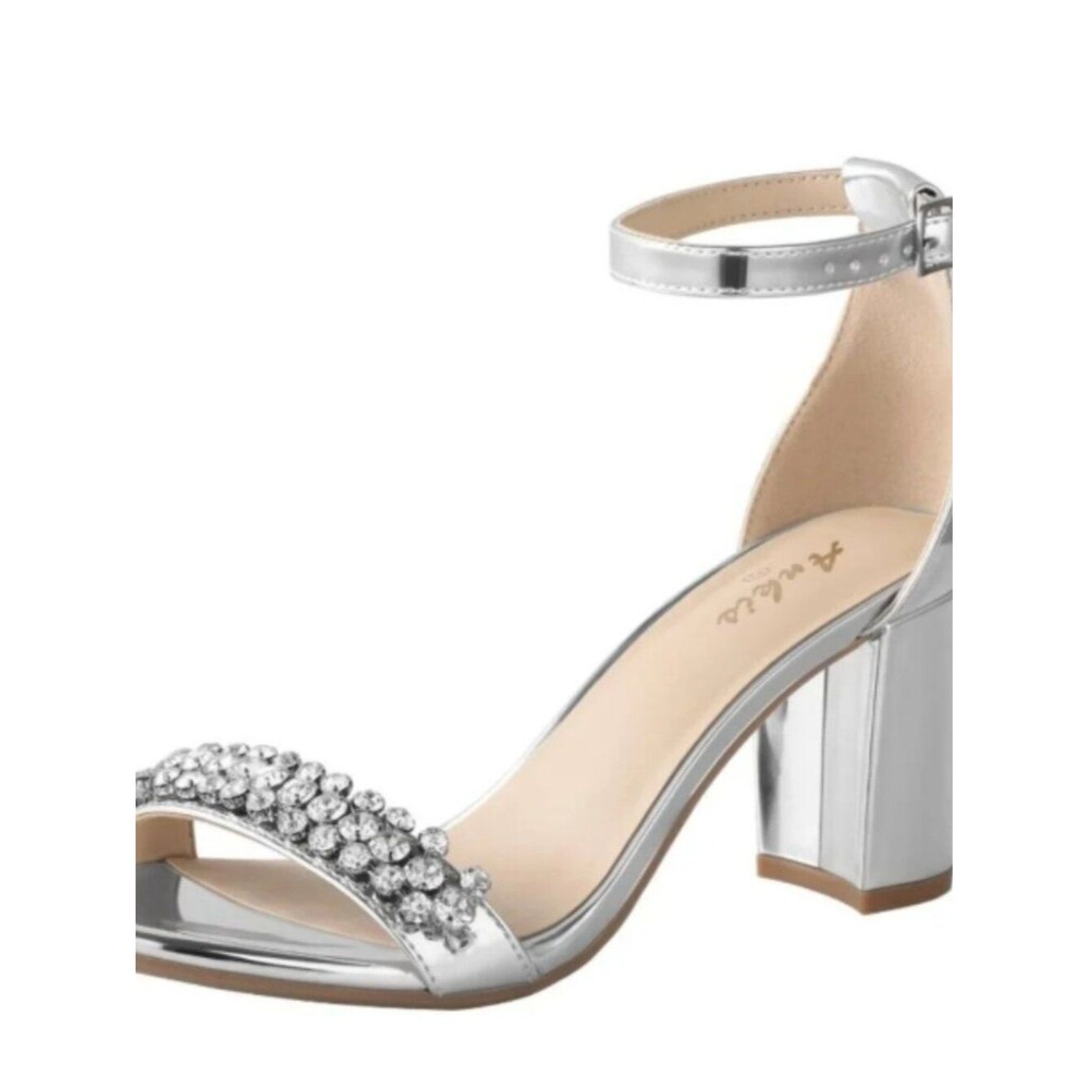 Silver Rhinestone Chunky Heels Open Toe Ankle Strap Party Guest Wedding Sandals